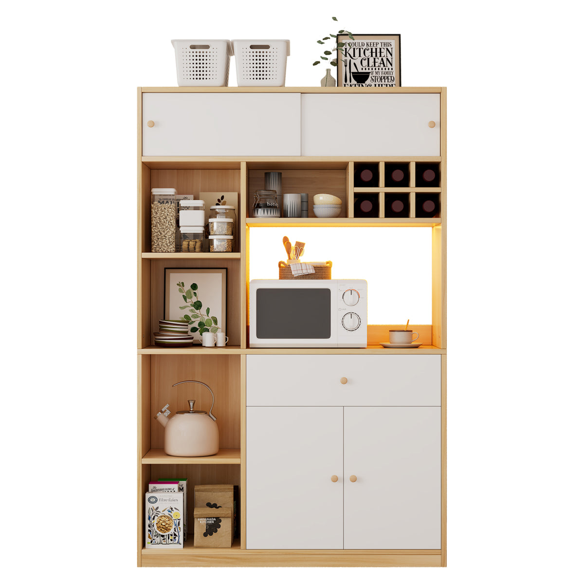 Küchenschrank 115×35×180 cm mit LED, Küchenbuffet mit Schublade, 3 Türen & Regalen, Hochschrank für Mikrowelle – Weiß/Natur