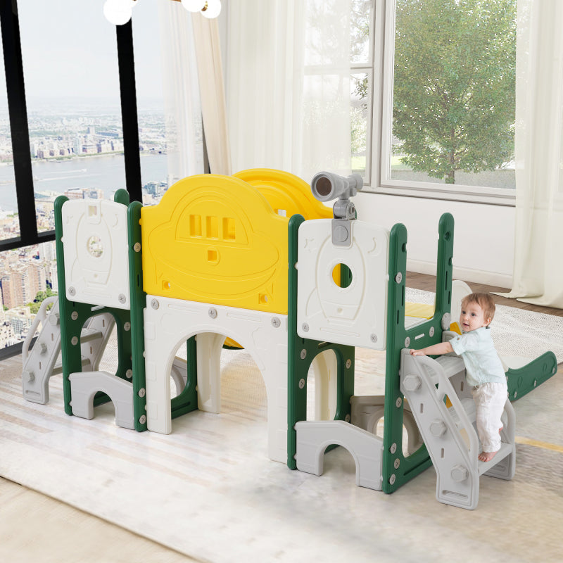 10 in 1 Kinderrutsche Kletterspielzeug, Multifunktionsrutsche Rutschen, freistehende Rutsche, Klettern, Bohrspiel, Stauraum, Spielkorridor, Basketballkorb, Lasso-Spiel, Reißbrett, Golfspiel, Teleskop