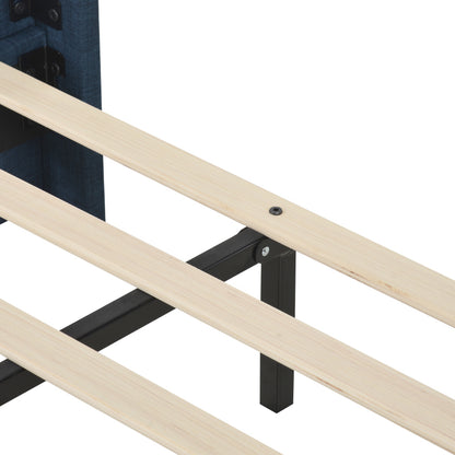 Modernes Design Polsterbett Mit seinem gepolstertes Kopfteil Einzelbett mit Lattenrost, 90x200cm ,in Blau Leinen, mittelfest (Ohne Matratze)