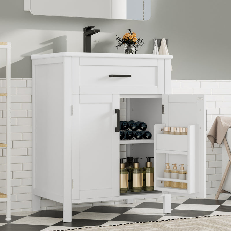 Bodenstehender Badezimmerschrank mit Waschbecken,Waschtisch,Volllackierung, integriertes Keramik Waschbecken, weiß