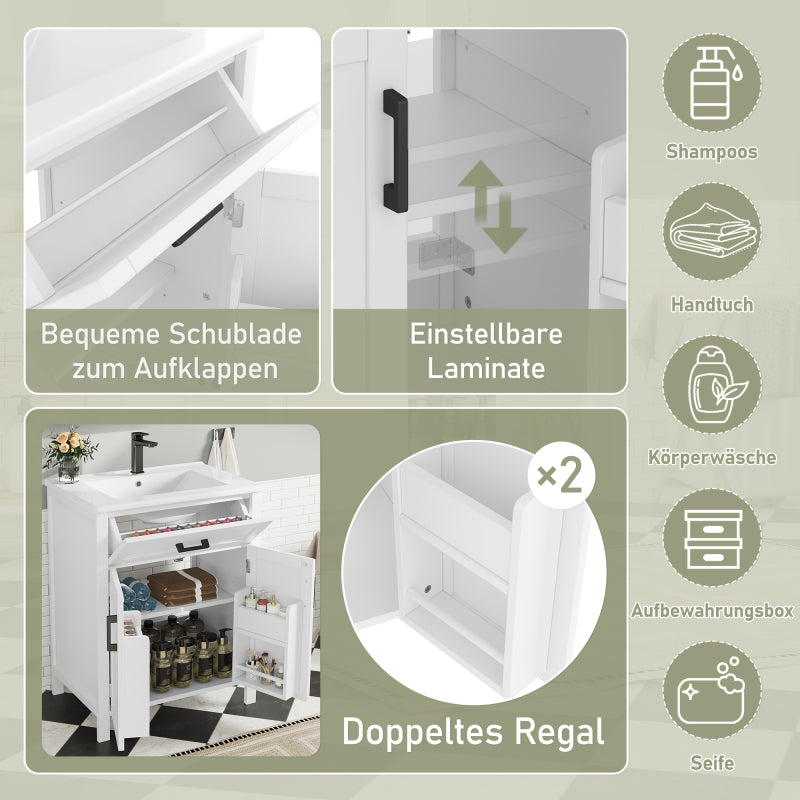 Bodenstehender Badezimmerschrank mit Waschbecken,Waschtisch,Volllackierung, integriertes Keramik Waschbecken, weiß