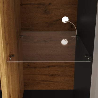 Ausziehbarer Esstisch 110-140x80cm mit LED-App-Steuerung & USB, Küchentisch Schwarz/Natur mit Glas-Schranktüren & Snackregal