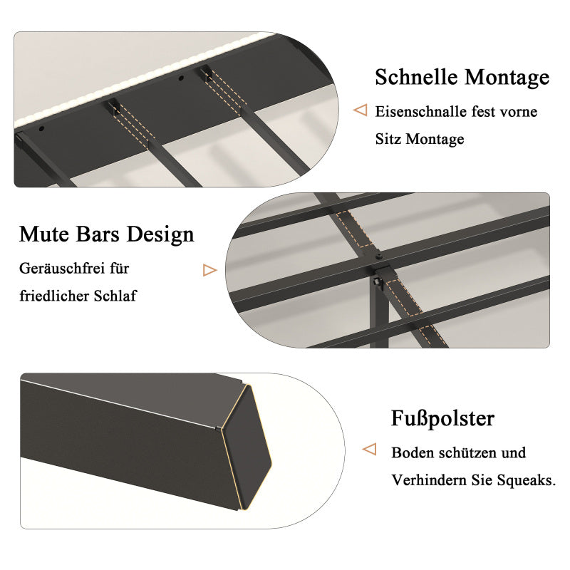 Bettrahmen gepolstertes Plattformbett mit Stoffköpfchen, Flügelkantendesign/Nicht-Rutscht- und Rauchfreien/Metalllatten/No BoxSpre 140*200