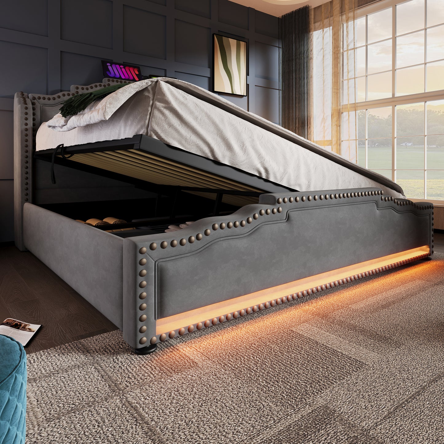 Polsterbett 160x200, Doppelbett mit hydraulischem Stauraum, LED-Beleuchtung und USB-C-Ladeanschluss, Stauraumbett und Jugendbett mit Lattenrost, Samt, Grau, ohne Matratze