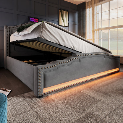 Polsterbett 160x200, Doppelbett mit hydraulischem Stauraum, LED-Beleuchtung und USB-C-Ladeanschluss, Stauraumbett und Jugendbett mit Lattenrost, Samt, Grau, ohne Matratze