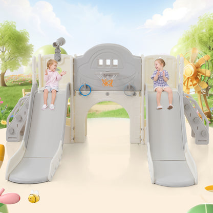 8 in 1 Kinderrutsche Kletterspielzeug, Multifunktionsrutsche mit 2 Rutschen, freistehende Rutsche, Klettern, Bohrspiel, Stauraum, Spielkorridor, Basketballkorb, Lasso-Spiel, Teleskop. Hergestellt aus
