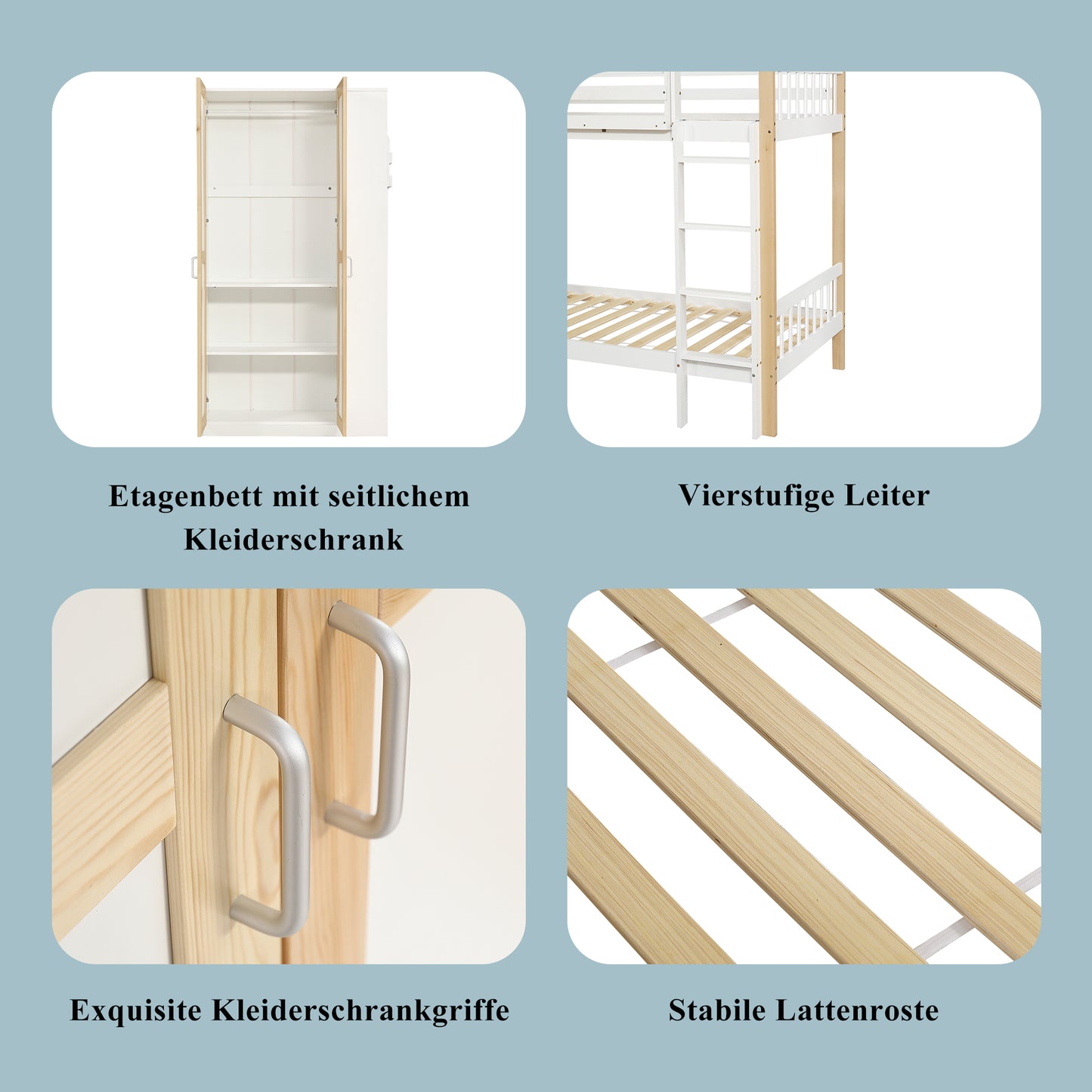 Etagenbett, Kinderbett mit Fallschutz und Gitter, mit 4-stufiger Leiter, 6 offenen Regalen, Kleiderschrank seitlich, Reichlich Stauraum,  Kiefer+PB, Weiß+Natur,  90x200cm