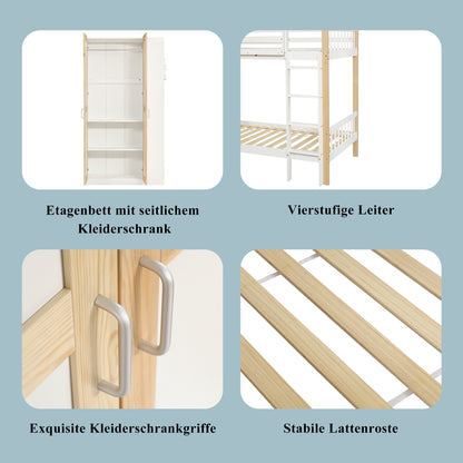 Etagenbett, Kinderbett mit Fallschutz und Gitter, mit 4-stufiger Leiter, 6 offenen Regalen, Kleiderschrank seitlich, Reichlich Stauraum,  Kiefer+PB, Weiß+Natur,  90x200cm