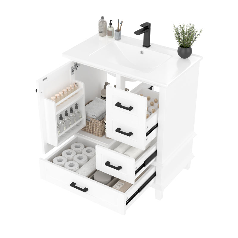 76x46x83,5cm Bodenstehender Badezimmerschrank mit Waschbecken, Waschtisch, komplett lackiert, Türregal, drei geräuschlose Schubladen, integriertes Keramikwaschbecken, weiß