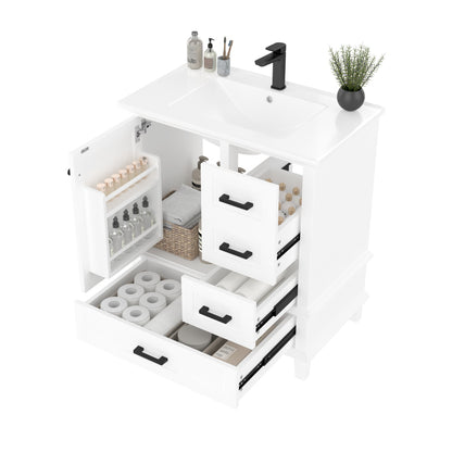 76x46x83,5cm Bodenstehender Badezimmerschrank mit Waschbecken, Waschtisch, komplett lackiert, Türregal, drei geräuschlose Schubladen, integriertes Keramikwaschbecken, weiß