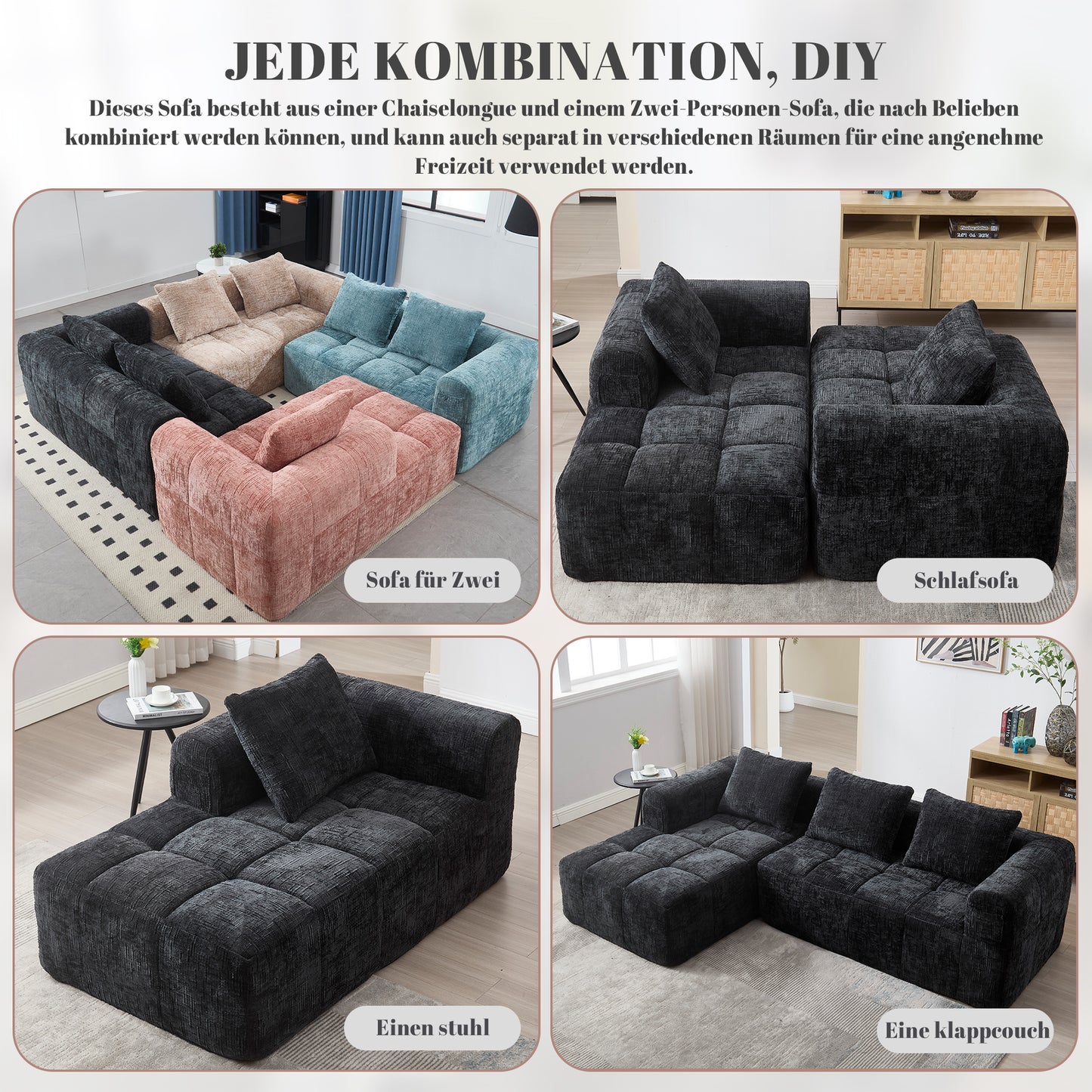 Modernes Sektionssofa, L-Sofa, 3-Sitzer-Sofa, keine Installation erforderlich, Chenille-Sofa mit Chaiselongue und Armlehnen, 3 Kissen, Seitentasche für Fernbedienung, Schwarz