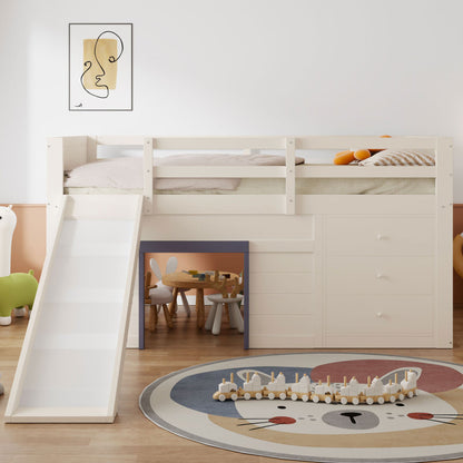 140 x 200 niedriges Hochbett mit Rutsche, drei Schubladen und zwei Türen, Creme