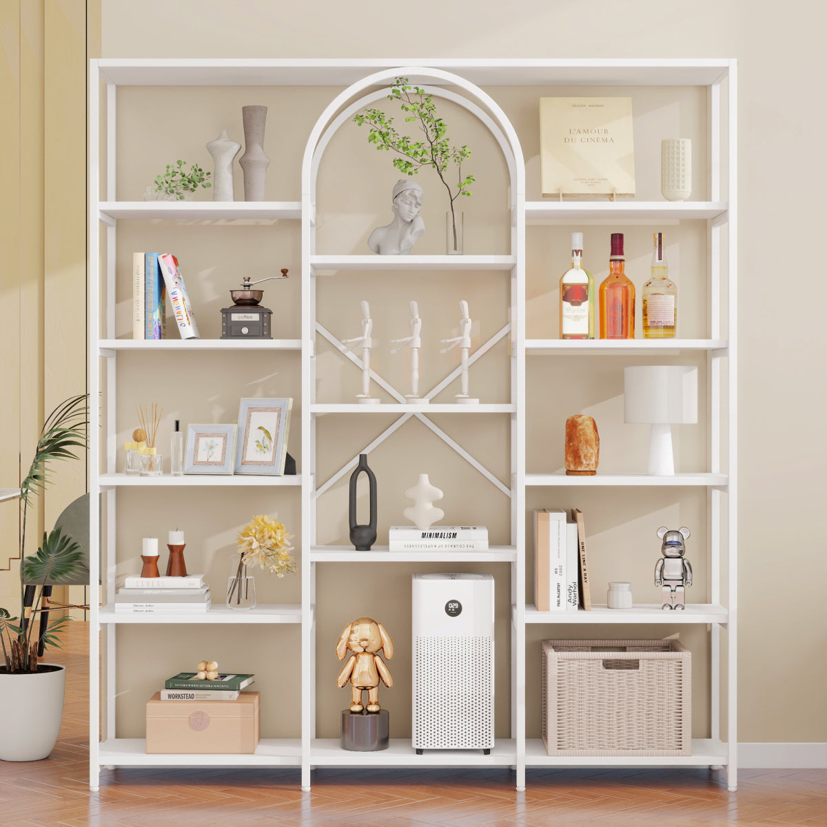 Regal 160x30x180 cm aus Stahl & MDF, modernes Bücherregal mit Bogen-Design, offene Fächer, hoher Stauraum, Weiß