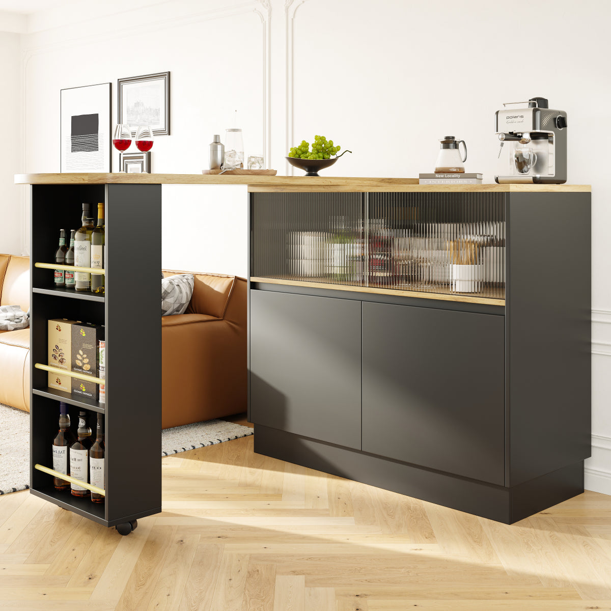 Kücheninsel mit 360° Rotation, Barschrank mit Glasschiebetür & Stauraum, Weiß & Holzoptik, multifunktionaler Küchentisch & Sideboard