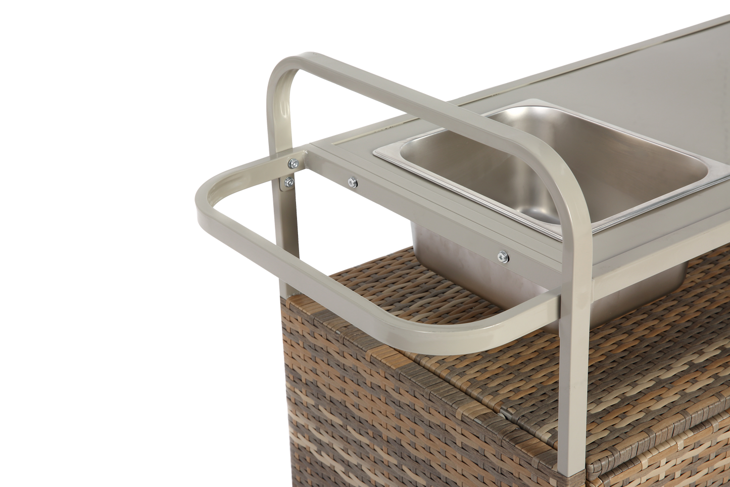 Outdoor Bar Table, Wicker Bar Cart with Cabinet, Patio Serving Cart with steel Top, with one ice bucket,Lockable Wheels, Side Basket for Garden, Poolside & Backyard, Beige