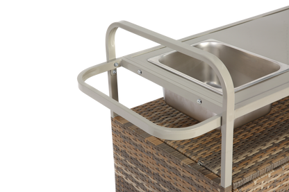 Outdoor Bar Table, Wicker Bar Cart with Cabinet, Patio Serving Cart with steel Top, with one ice bucket,Lockable Wheels, Side Basket for Garden, Poolside & Backyard, Beige