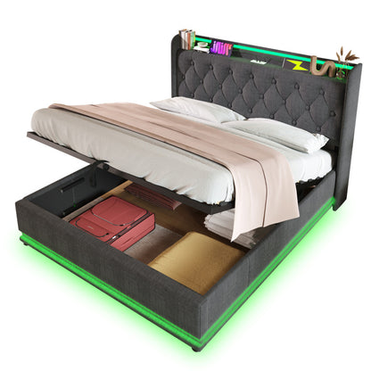 Polsterbett Doppelbett, 360-Surround-LED-Funktion, Drucktaste/App/Fernbedienung,160*200 cm,Grau Leinen-Material Hydraulisches Lagerbett, gepolstertes Kopfteil mit USB Typ-C Ladefunktion(Mit Matratze)