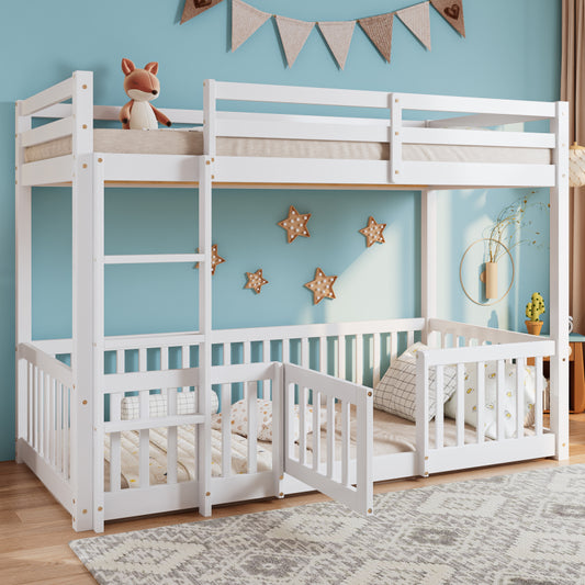 Etagenbett mit rechtwinkliger Treppe, Bett mit Zäune und Türchen, Kinderbett mit Fallschutz und Gitter, Massivholz, weiß (200x90cm)