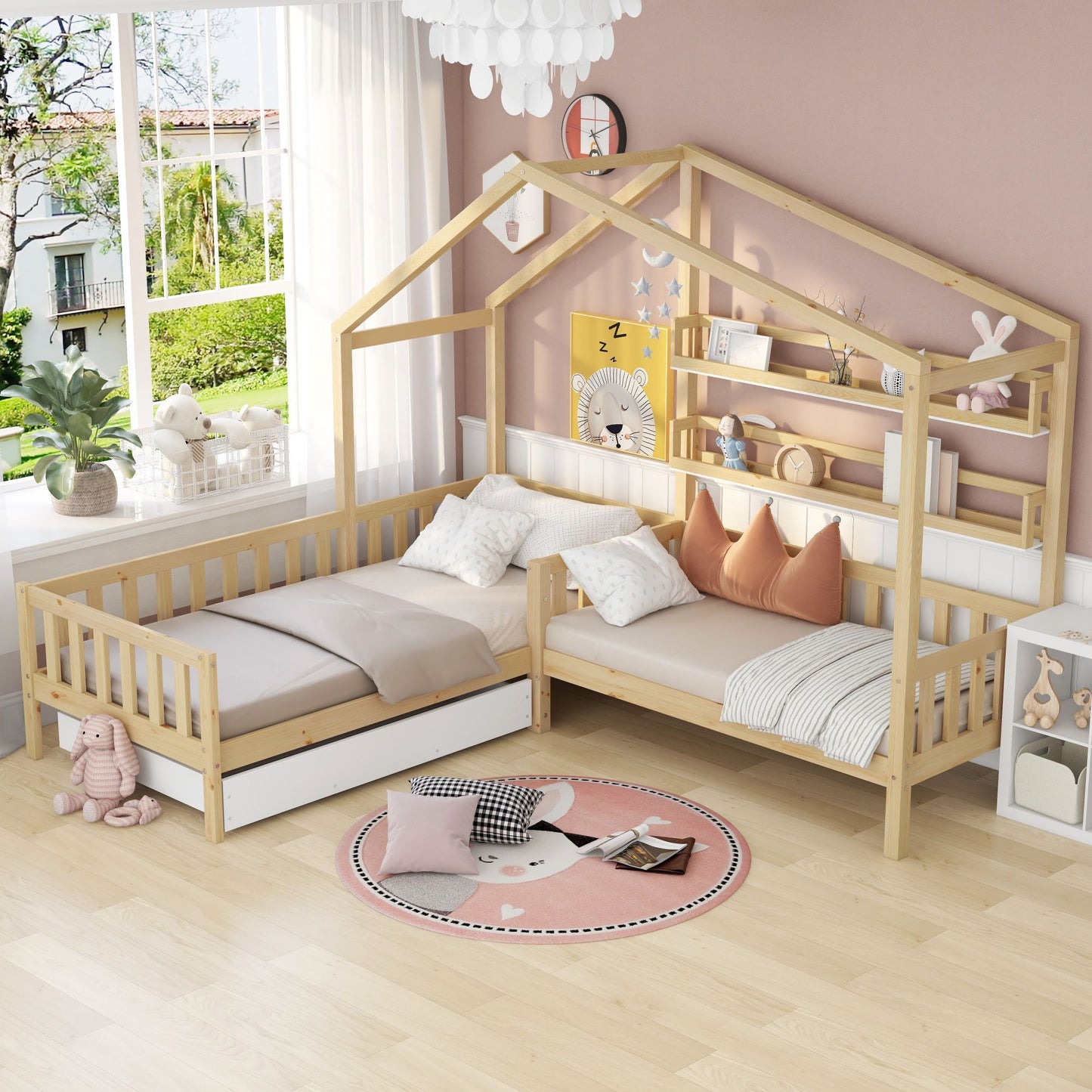 Kinderbett Hausbett mit Schubladen und Regalen, Massivholz mit Zaun und Lattenrost, L-Struktur, Natur (90x200 cm+140x70cm)