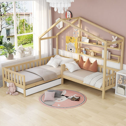 Kinderbett Hausbett mit Schubladen und Regalen, Massivholz mit Zaun und Lattenrost, L-Struktur, Natur (90x200 cm+140x70cm)