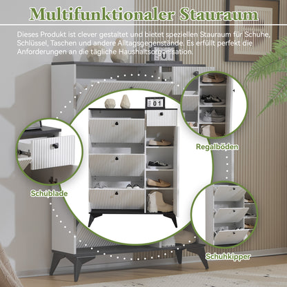 Schuhschrank mit 3 Klappen, 1 Schublade und 1 Tür, Schuhregal, Schuhkipper schmal, Schuhschrank weiß