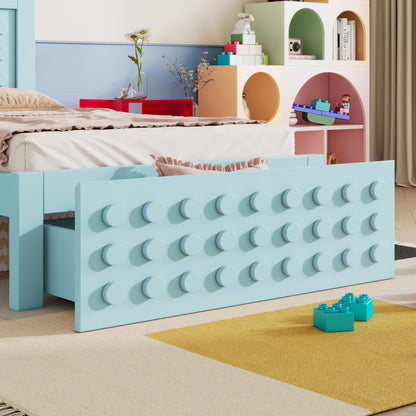 Holzbett Einzelbett 90x200 cm, Kinderbett Jugendbett mit Kreativem Block Design, Massivholz Bettgestell mit Lattenrost, mit Schubladen & Unterm Bett Stauraum, Ohne Matratze