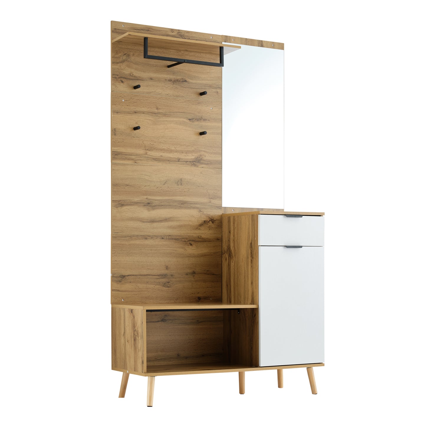Multifunktionales Garderobenset aus Holz mit Spiegel, Schuhbank, Schuhschrank, Schublade, Regal und Kleiderhaken – Modernes Design mit hydraulischen Scharnieren und praktischem Stauraum