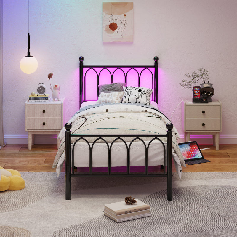 90x200cm Metall Bettrahmen mit Vintage Kopf und Fußplatte, USB-Ladestation, LED-Bettrahmen, Heavy Duty Stahl Slat Unterstützung, Reichweite Unterbett-Speicher, Keine Box-Feder erforderlich, Schwarz