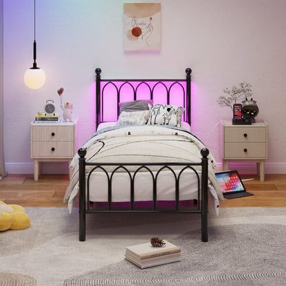 90x200cm Metall Bettrahmen mit Vintage Kopf und Fußplatte, USB-Ladestation, LED-Bettrahmen, Heavy Duty Stahl Slat Unterstützung, Reichweite Unterbett-Speicher, Keine Box-Feder erforderlich, Schwarz