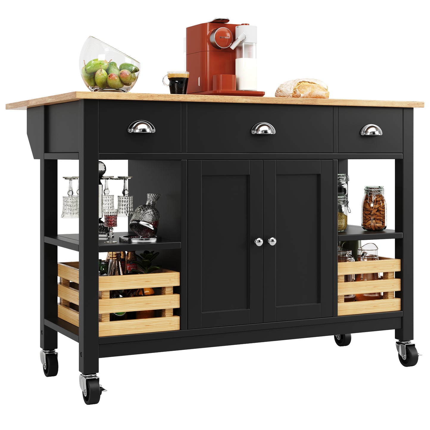 Moderne Kücheninsel Küchenschrank mit Kiefernkorb 120x45x90cm Multifunktions Esstisch Servierwagen Holzmaserung Aufbewahrungskorb Schwarz