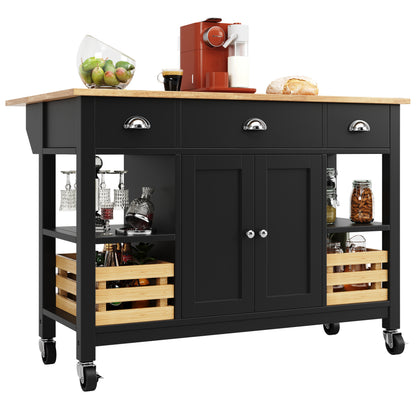 Moderne Kücheninsel Küchenschrank mit Kiefernkorb 120x45x90cm Multifunktions Esstisch Servierwagen Holzmaserung Aufbewahrungskorb Schwarz