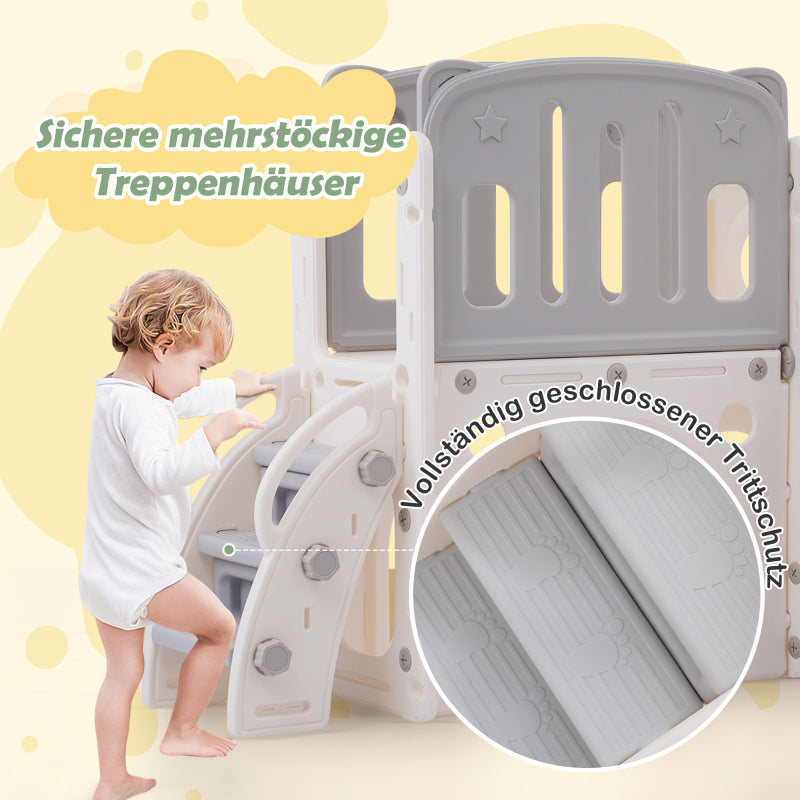 7-in-1-Rutsche für Kinder, bestehend aus Rutsche, Schaukel, Plattform, Unterschrank, Lochbohrspiel, Basketballkorb und Treppe - hochdichtes Polyethylen (Ozeanball nicht enthalten)