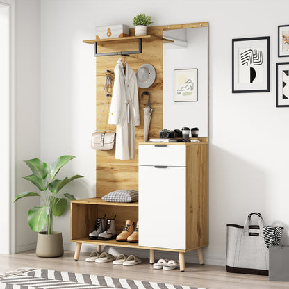 Multifunktionales Garderobenset aus Holz mit Spiegel, Schuhbank, Schuhschrank, Schublade, Regal und Kleiderhaken – Modernes Design mit hydraulischen Scharnieren und praktischem Stauraum