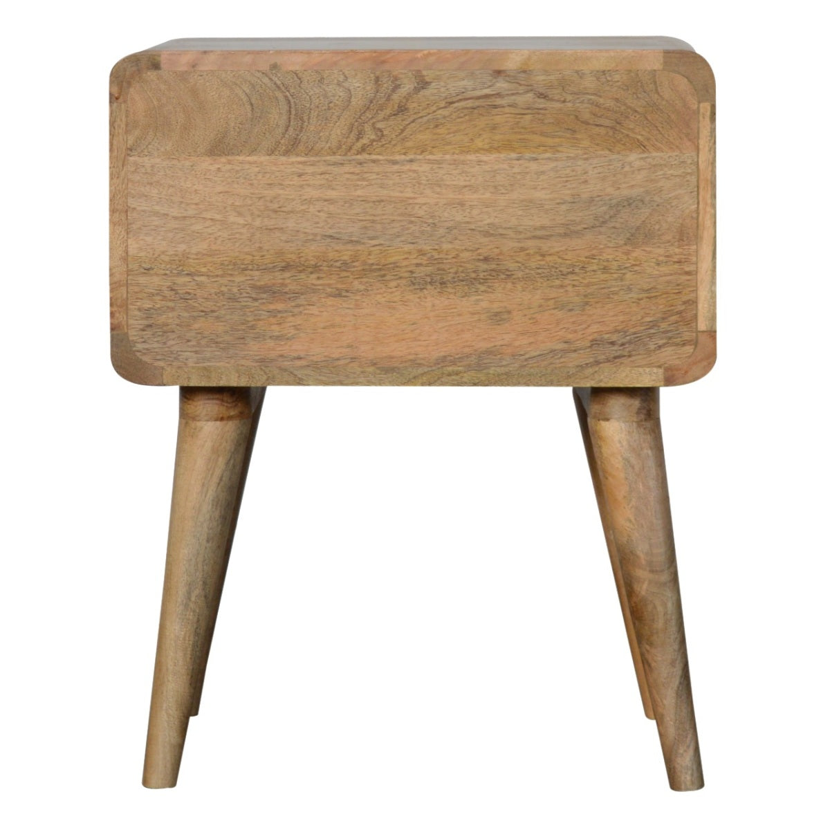 Nachttisch aus massivem Mangoholz – Oak-ish Finish, Curved Design, 2 Schubladen, Handgefertigt, Skandinavischer Stil, 45x35x55 cm