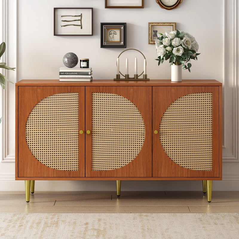 Sideboard mit 3 Rattan verzierten Türen Kommode Highboard mit Metallgriffe, für Schlafzimmer & Wohnräume & Büro, Nussbaum 129.8x 40x 76cm