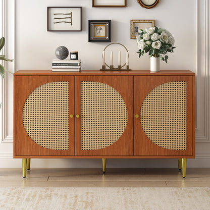 Sideboard mit 3 Rattan verzierten Türen Kommode Highboard mit Metallgriffe, für Schlafzimmer & Wohnräume & Büro, Nussbaum 129.8x 40x 76cm