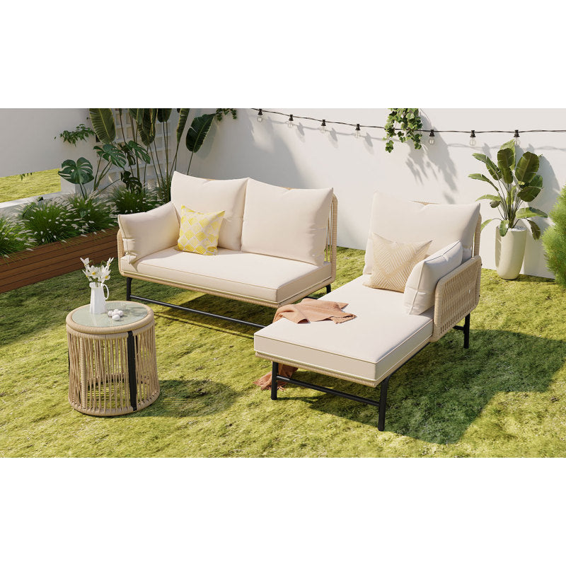 Gartenlounge-Set, Gartenmöbel-Set, Gartenlounge mit Eisengestell und beigem Seilbezug, Gartenmöbel aus gewebtem Seil für den Außenbereich, L-förmiges Gesprächsset mit Tisch, Beige