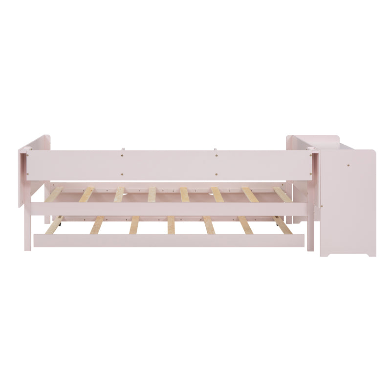 90*200cm, Flachbett, mit ausziehbarem Bett, mit Schreibtisch, drei Regale an der Seite des Bettes, Rosa