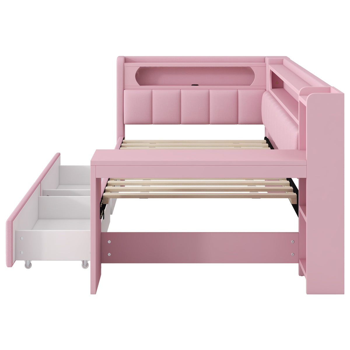 Daybed 90x200, Rosa, USB, LED-Beleuchtung, Schreibtisch & 2 Schubladen