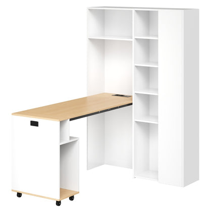Klappbarer Schreibtisch mit Ablagen –2-in-1-Bücherregal und Schreibtisch, klappbar, mit Steckdose und USB-Anschluss, Kippschutz, weiß