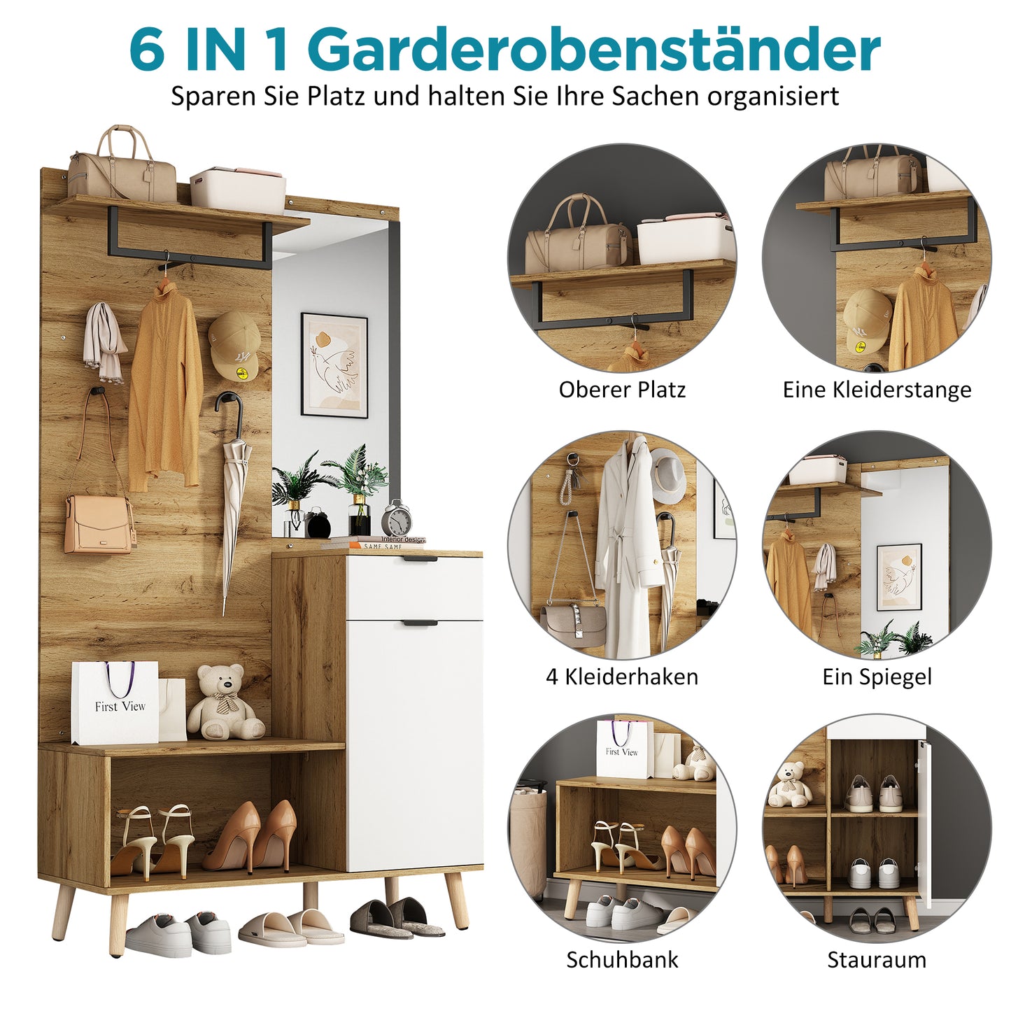 Multifunktionales Garderobenset aus Holz mit Spiegel, Schuhbank, Schuhschrank, Schublade, Regal und Kleiderhaken – Modernes Design mit hydraulischen Scharnieren und praktischem Stauraum