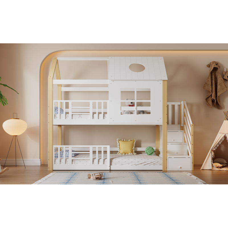 Etagenbett mit Aufbewahrungstreppe, Hausbett, Kinderbett, mit Fallschutzgitter, mit Fenster und Dach, Kiefer+MDF, Weiß+Natur, 90x200cm