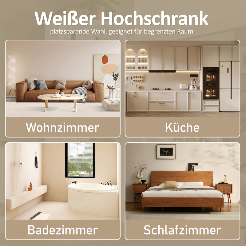 57.5 x 28.5 x 160cm Badezimmer-Hochschrank mit Stauraum, feuchtigkeitsbeständige Farbe, Glasschranktür, Holzschranktür, zwei offene Ablagefächer, verstellbare Trennwände, einfache Textur, weiß