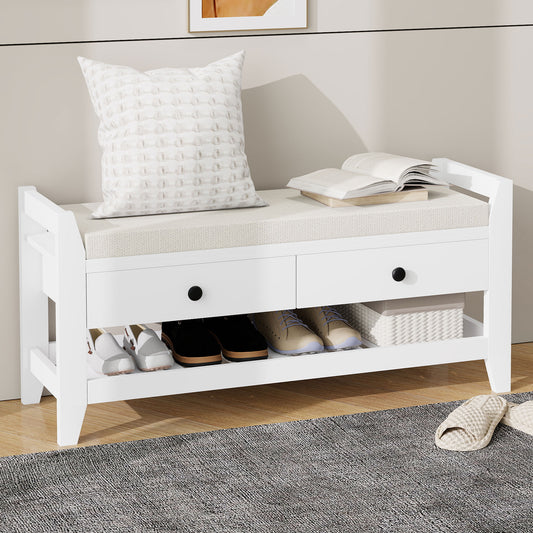 Moderne Schuhbank mit Sitzfläche und Stauraum, Soft Kissen-Oberfläche, Schuhregal für Eingangsbereich, Weiß
