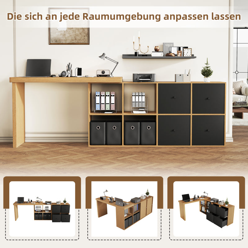 Ecktisch, Tischplatte 360° schwenkbar - L-förmig oder gerade aufstellbar, MDF,  mit 4 Fächern, 4 Schubladen, weiß