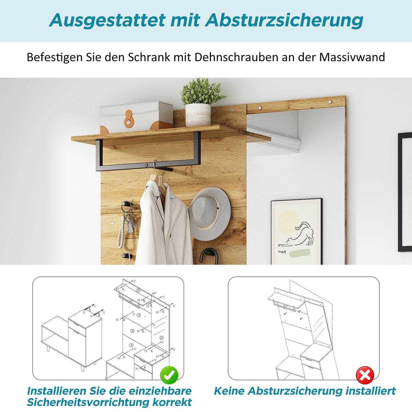 Multifunktionales Garderobenset aus Holz mit Spiegel, Schuhbank, Schuhschrank, Schublade, Regal und Kleiderhaken – Modernes Design mit hydraulischen Scharnieren und praktischem Stauraum