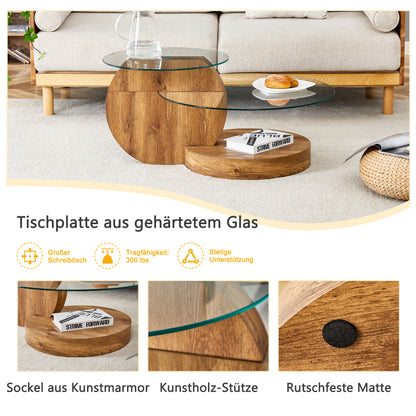 Moderner minimalistischer gehärteter Glas-Couchtisch, mehrschichtiges Design, mit natürlichen Holz-Textur-Aufklebern