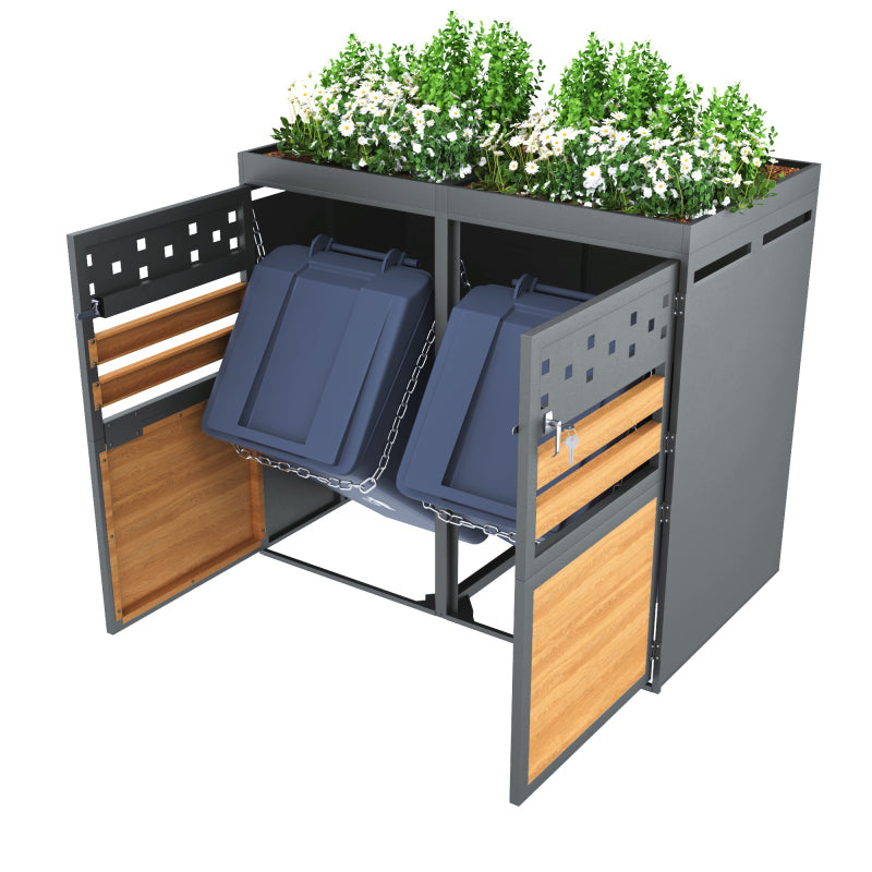 Mülltonnenbox 2er mit Pflanzdach, 120-240 Liter, Anthrazit  Tür in Holzoptik inkl. Erweiterungsmöglichkeit ,Aufbewahrungsbox für Mülltonnen, Müllbox (Das Produkt enthält keinen eingebauten Mülleimer)
