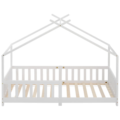 Hausbett 90x200 Weiß, Kinderbett mit Rausfallschutz & Lattenrost, Abenteuerbett Kiefer Massivholz