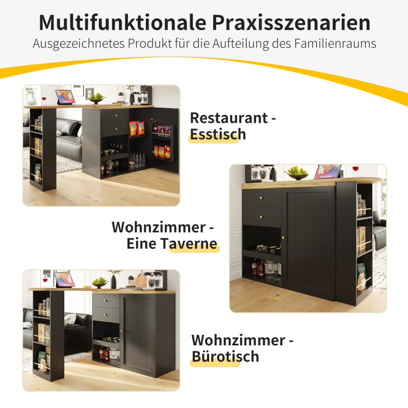 Um 360° drehbarer Bartisch (Hauptkörper 105 x 39 x 102 cm), mit 2 Schubladen und Schiebetürschrank, 3 Ebenen offener Stauraum, geeignet für Esszimmer/Arbeitszimmer/Wohnzimmer usw